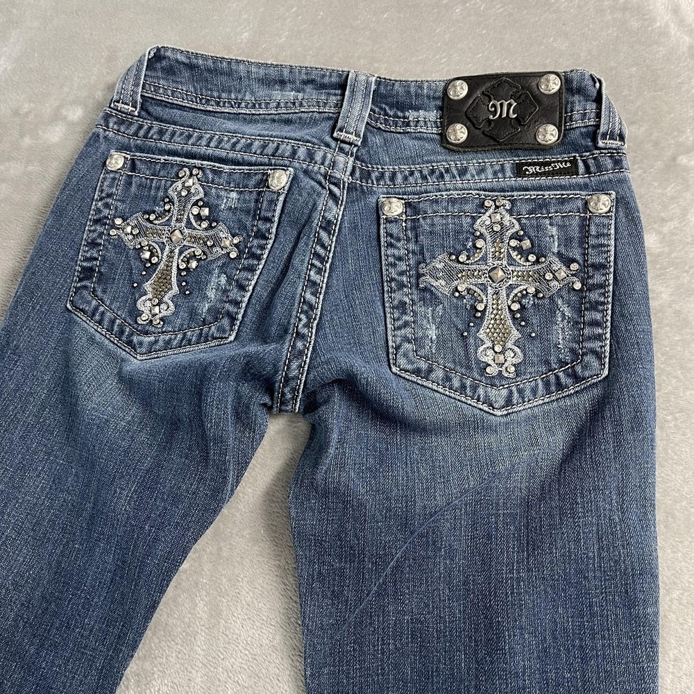 Miss Me Jeans Womens 26 Blue Medium Wash Low Rise Skinny Distressed Embroidered